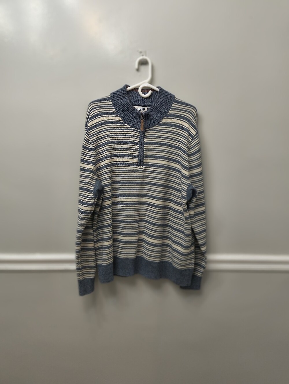 Duluth Trading Men's Strongarm Mockneck Sweater Blue Mari Stripe XL Work Casual